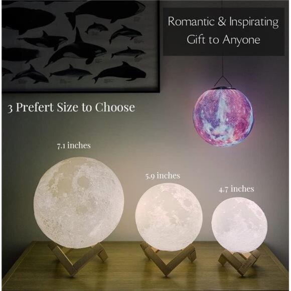 Moon Lamp for Kids, 4.7 Inch, Moon Night Light, 16 Color 3D Led Ball, Star - Picture 6 of 7